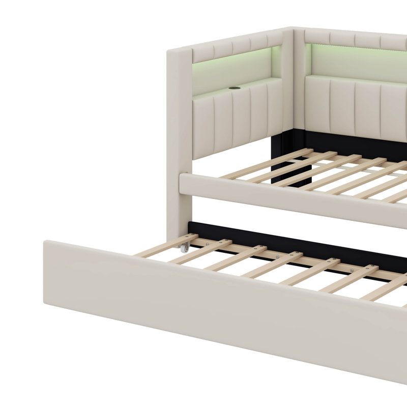 Lit plateforme tapissier élégant avec ports USB et éclairage d'appoint à DEL, Blanc