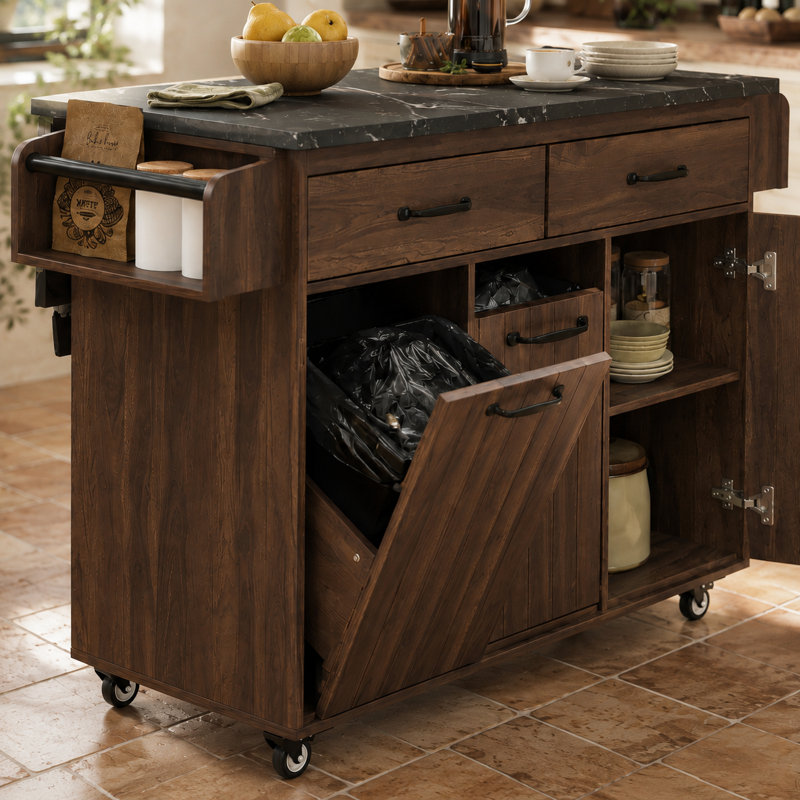Îlot de cuisine à roulettes inclinable de 51 po avec battant inclinable Calviora, Brun