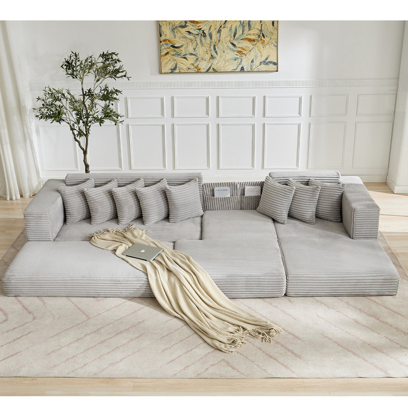 [NOUVEAUTÉ] [VIDÉO FOURNIE] Canapé surdimensionné en nuage, canapé en L, canapé-lit convertible au sol, sans assemblage, huit coussins, 3-en-1, sac à magazines, (canapé faisant face à la droite), velours côtelé, gris clair