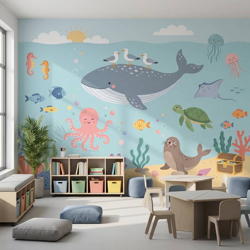 Murale sous-marine, créatures de la mer, décor océan, Non tissé non collé, 200 po x 120 po