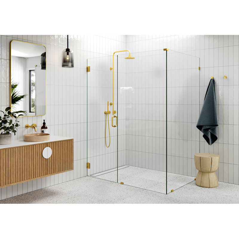 Illume 60 in. x 41.5 in. x 78 in. 90-degree Fully Frameless Wall Hinged Glass Shower Enclosure, Satin Brass