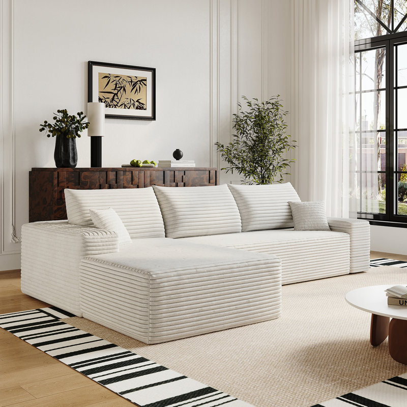 Canapé modulaire blanc de 107 po avec méridienne réversible, conception moderne, tissu en velours côtelé blanc