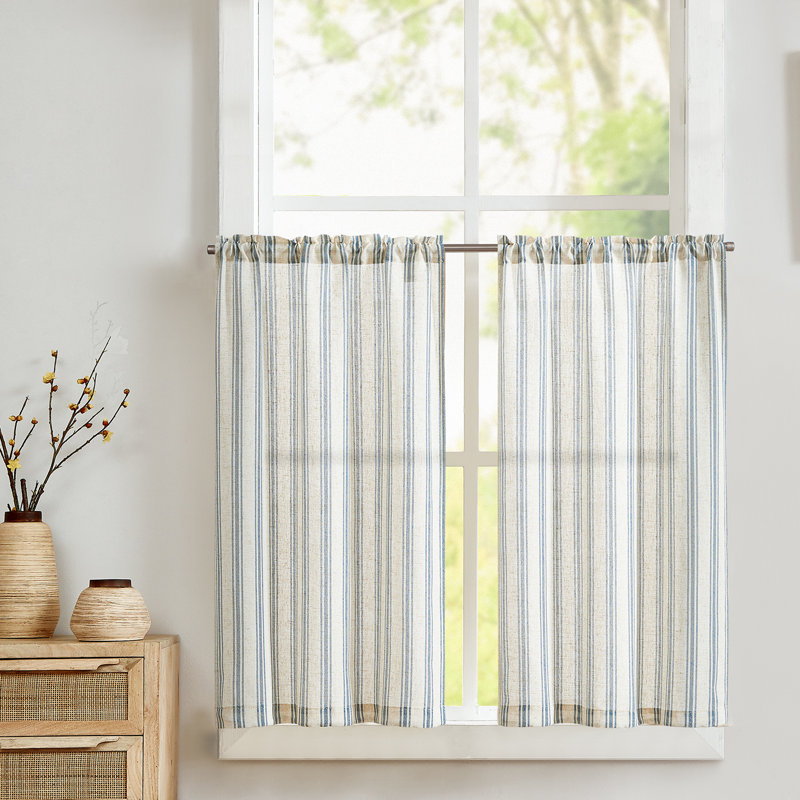 Rideaux de cuisine à rayures rayées, L 26 po x L 36 po, Bleu sur beige