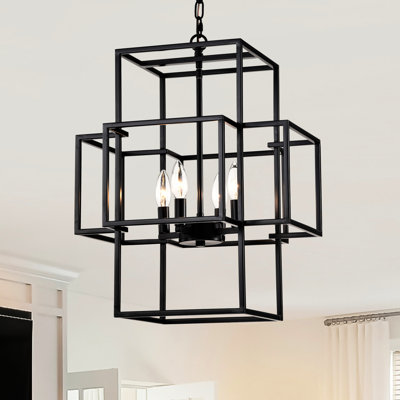 Lanterne industrielle en métal 4 - noir mat avec hauteur réglable pour la salle à manger, le couloir, le vestibule, le luminaire suspendu à niveaux