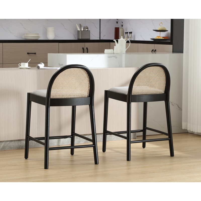 Gray and Black Rattan Backrest Wood Frame Counter Stools, Set of 2