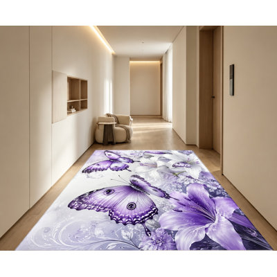 Magnifique tapis à motif floral papillon, lys violet, design artistique, lavable à la machine, antidérapant, décoration intérieure élégante pour salon, chambre, entrée, cuisine, balcon, appartement