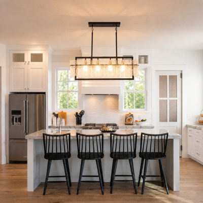 Modern Rectangle Black Chandeliers for Dining Room, 4 Lights Water Ripple Glass Island Light Fixture, Linear Farmhouse Lighting for Kitchen Island Living Room