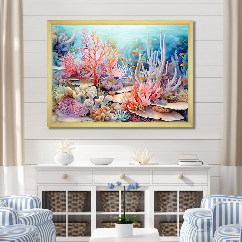 Rose et bleu sous l'eau, corail Wold I - art mural corail sous l'eau, H 34 po x l 44 po x P 1,5 po, Cadre doré