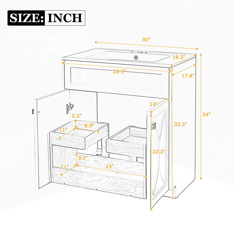 Bathroom Vanity with Ceramic Sink Combo Freestanding Storage Cabinet with Handles, Black
