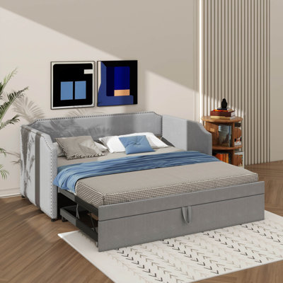 Twin Size Velvet Upholstered Daybed With Pop Up Trundle