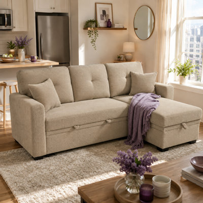 Reversible Sectional Sleeper Sofa with Pull-Out Bed and Storage Chaise, L-Shaped 3-Seater Fabric Couch with Tufted Backrest for Living Room, Space Saving Daybed with Toss Pillows