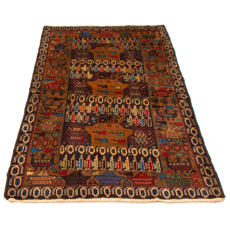 Tapis noir en laine noué à la main de conception unique 3 pi 11 po x 6 pi 7 po Chemaia
