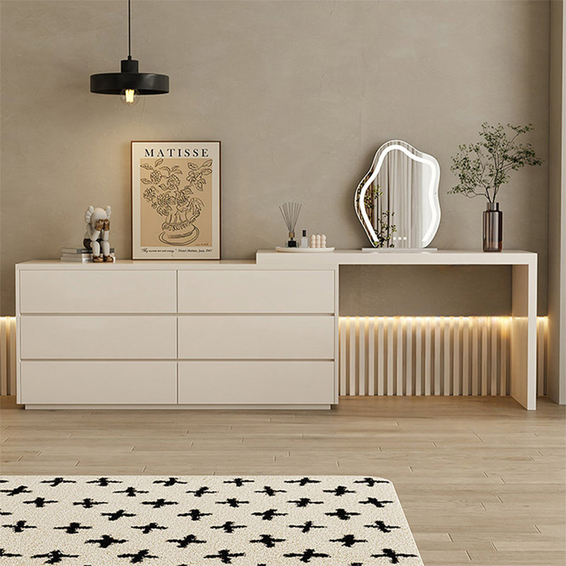 Coiffeuse avec miroir lumineux, 6 tiroirs, Beige