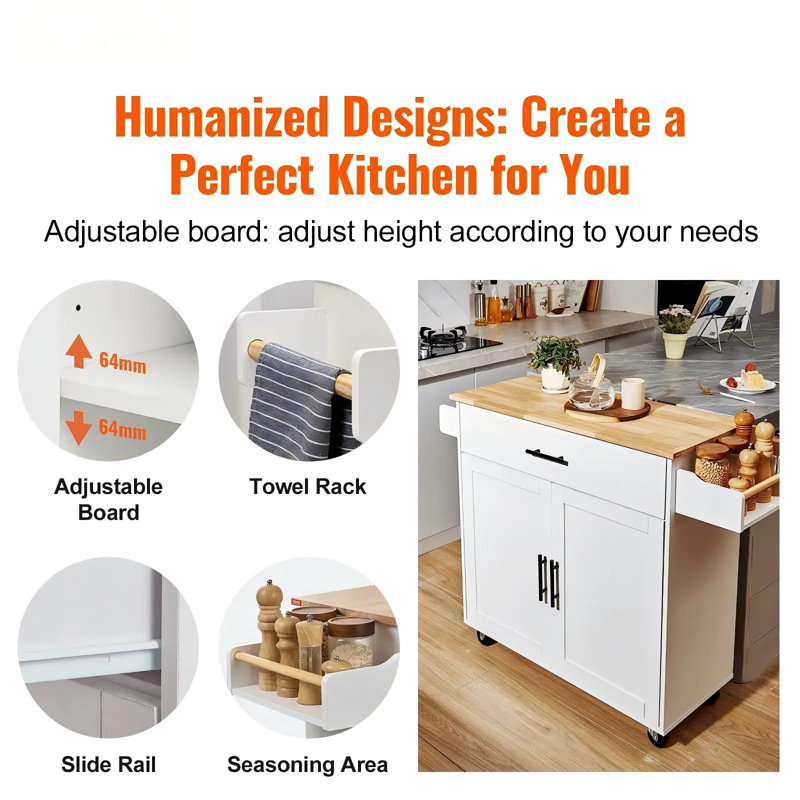 Kitchen Island Cart with Solid Wood Top, 35.4" Width Mobile Carts with Storage Cabinet, Rolling Kitchen Table with Spice Rack, Towel Rack, Drop Leaf and Drawer, Portable Islands on Wheels, White