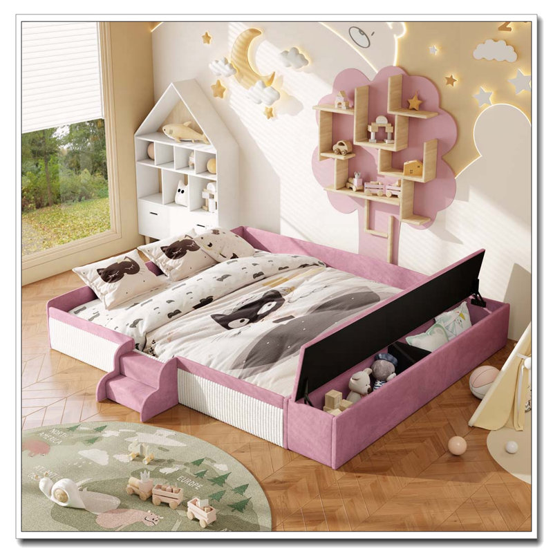 Velvet Upholstered Daybed with Stairs, Gas Lift Storage Ottoman, King, Pink+White