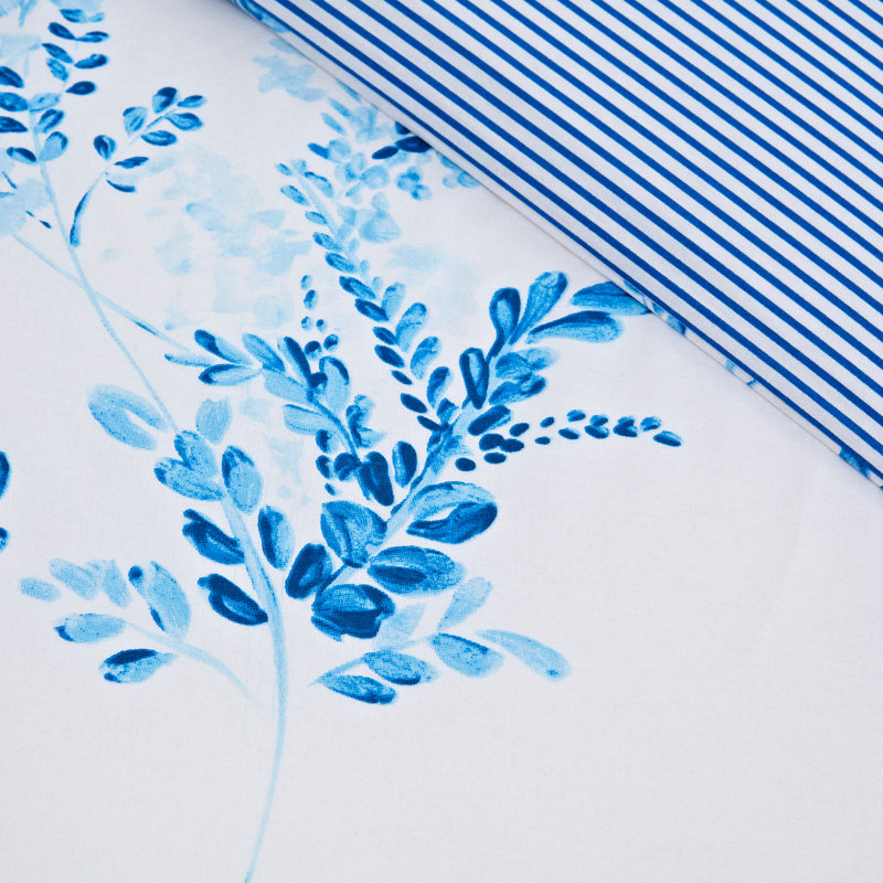 Stripes & Floral Reversible Cotton Duvet Cover Bedding Set by Leruum, Double Duvet Cover + 2 Standard Pillowcases, Blue