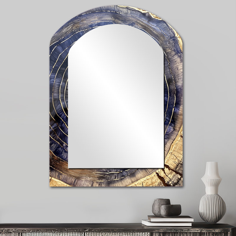 Géode aqua et glissade en bois Spiral IV - miroir décoratif à arche de cristaux, miroir mural asymétrique traditionnel, impression d'art en métal