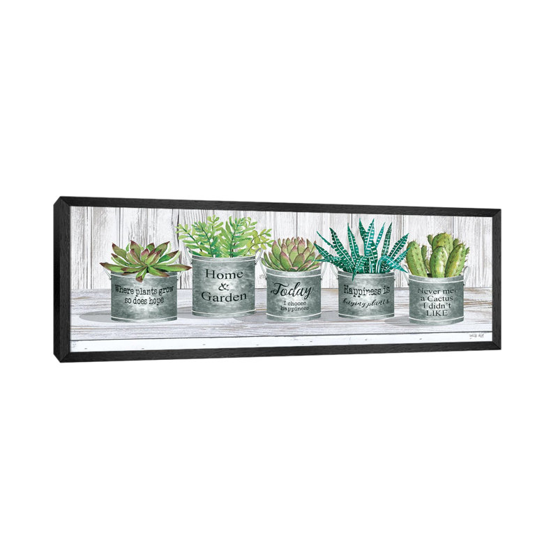Galvanized Pot Succulents II by Cindy Jacobs - Panoramic Painting on Canvas, 152.4 cm H x 50.8 cm W, Black Floater Frame