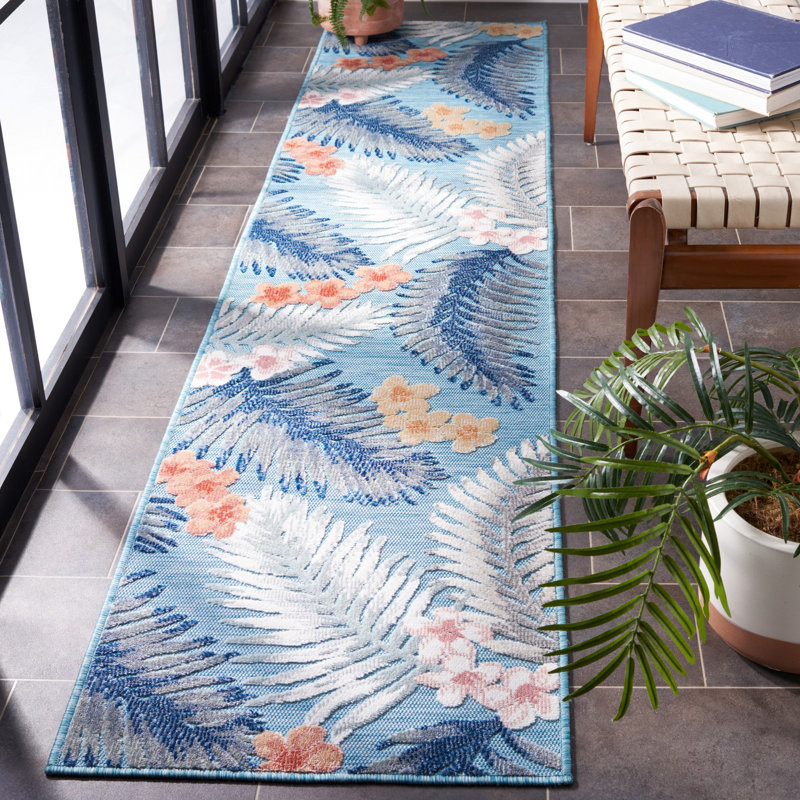 Abreha Floral Aqua/Ivory/Beach Indoor / Outdoor Area Rug, Runner 2' x 6'7"