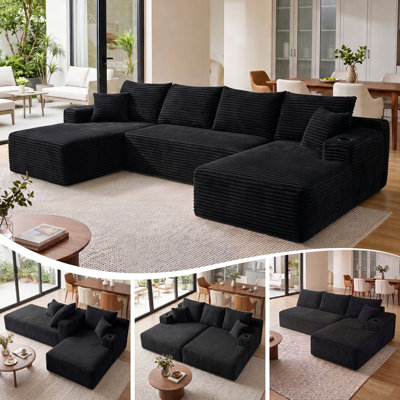  134" Oversized U-Shaped Modular Corduroy Sectional Sofa with Double Chaise, Cup Holders, Side Storage Pockets & Throw Pillows , No Assembly Required, for Living Room, Black