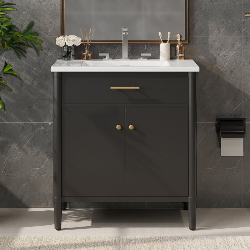 30 Inch Bathroom Vanity with Sink, Cabinet with Soft-Close Doors, Adjustable Shelf, Curved Design, Rubber Wood Legs, Black