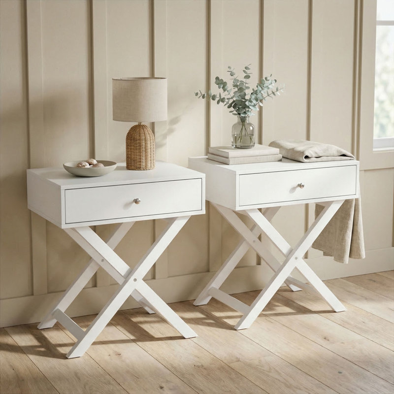 Pair of Leanora 1-Drawer Premium Bedside Tables, Set of Two Nightstands, End Tables, White