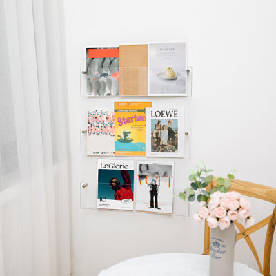 3 Pack Clear Acrylic Magazine Holder - Wall Mount File Display Shelf