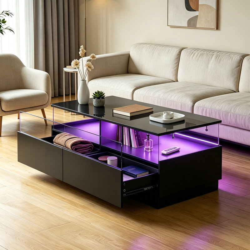 Meuble télé et table basse modernes à DEL pour salon (ensemble de 2), Noir