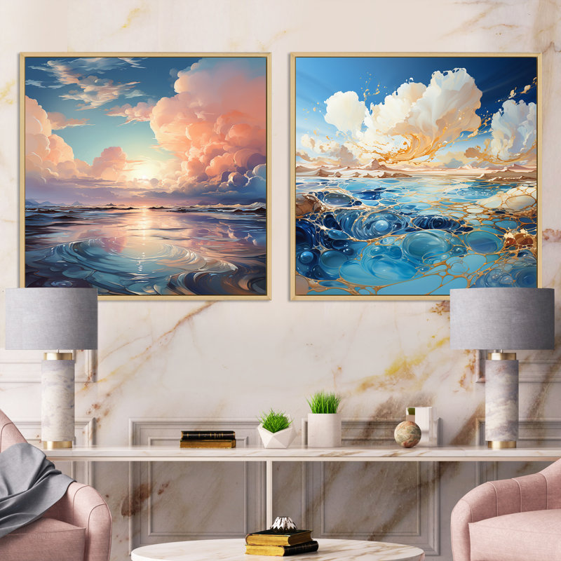 «Clouds Charm», ensemble de 2 collages carrés, Cadre flottant brun, H 16 po x l 33 po
