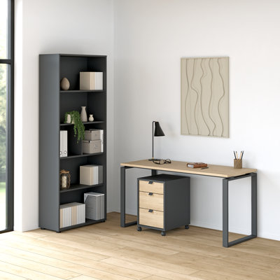 Armoire mobile 3 tiroirs 3 pièces, bureau d'écriture 59 "avec pieds en acier et bibliothèque à 6 tablettes Sign, gris mat / hickory Jackson