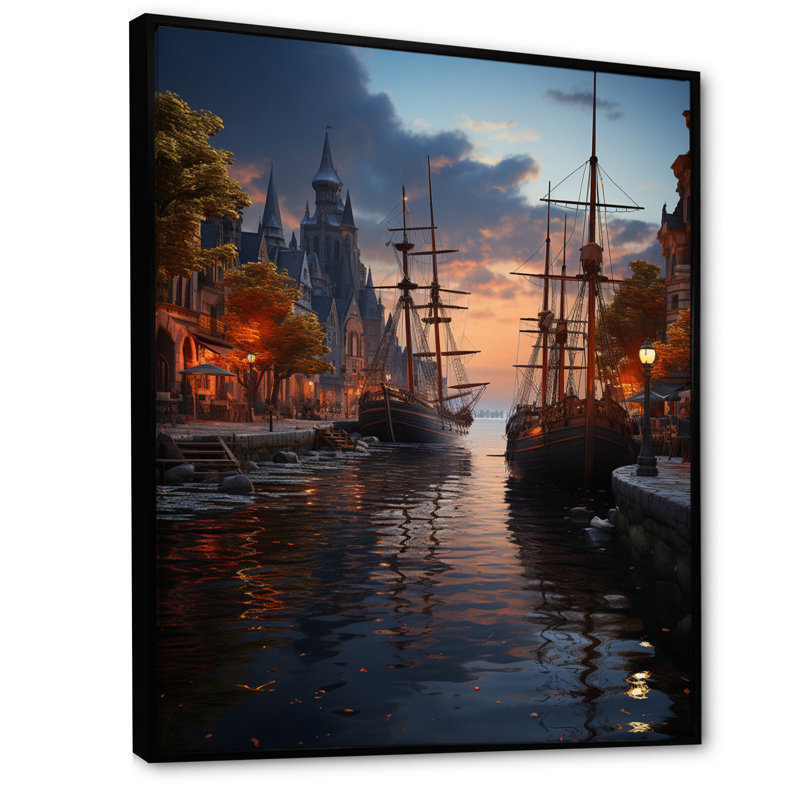 Helden " Germany Harbor View ", 44" H x 34" W x 1.5" D, Black Floater Framed