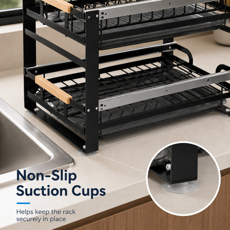 2 - Tier Black Stainless Steel Dish Rack with Pull-Out Drainage Trays