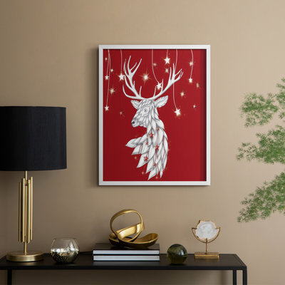 Cerf blanc et étoiles suspendues, reproduction encadrée - bois massif