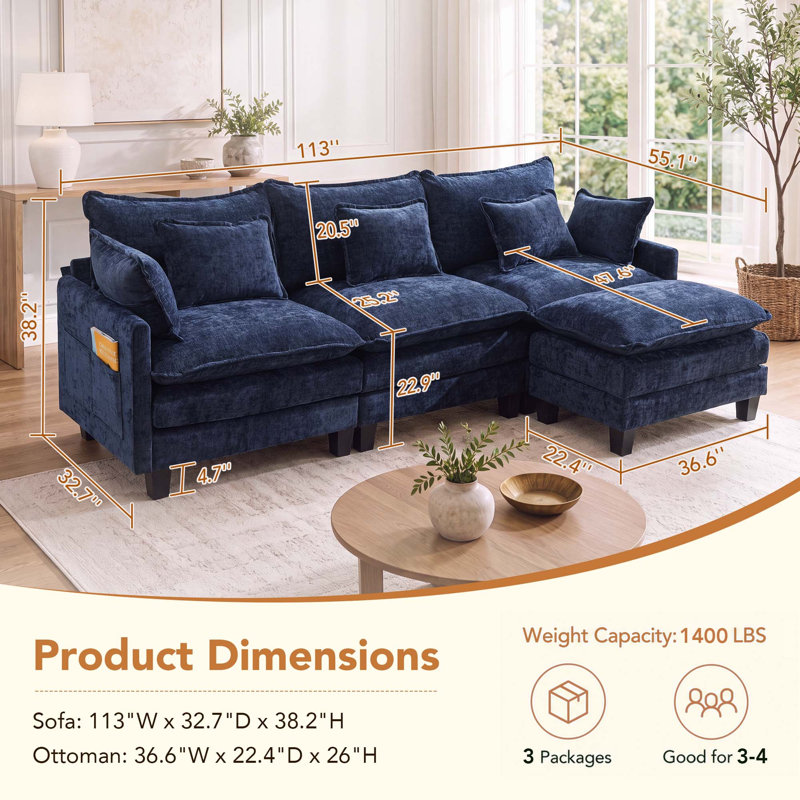 113" W 4 - Piece Chenille Sectional, Blue