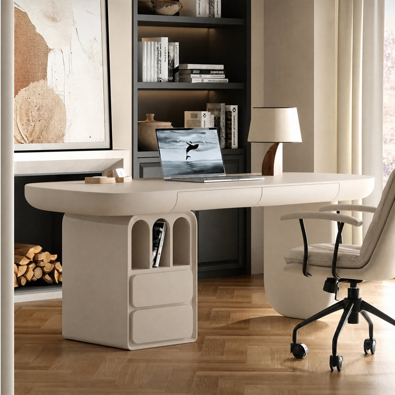 Drish 71" Off-White Modern Executive Desk with Reversible Storage Cabinet and Drawer, 29.50" H x 70.80" W x 27.50" D