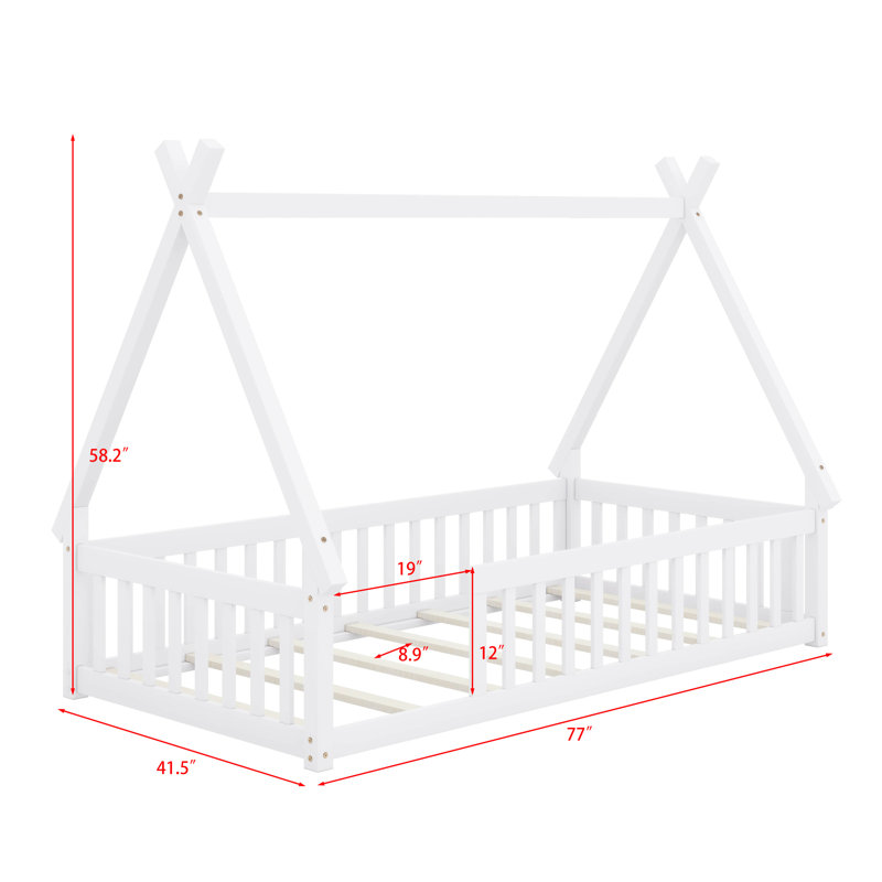 Lit simple en bois en forme de tente avec garde-corps, Blanc