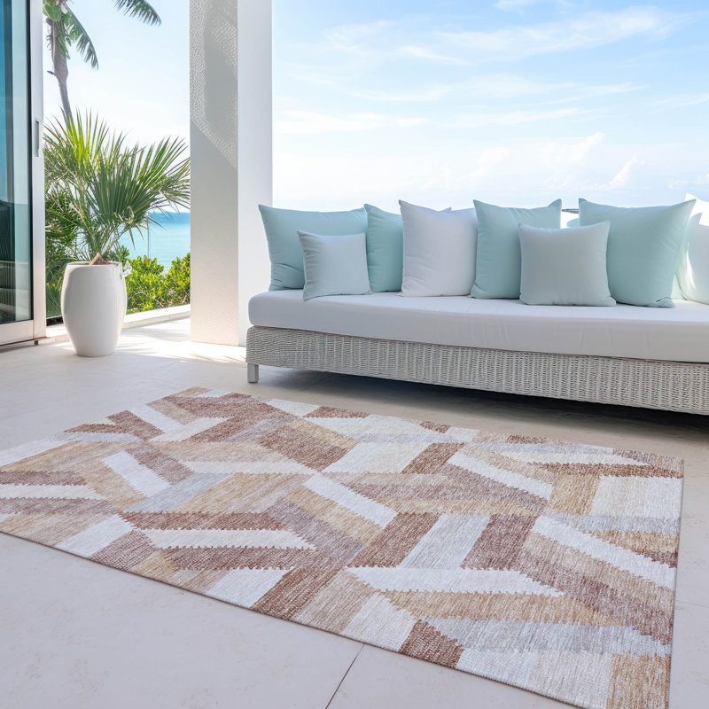 Copper and Beige Geometric Washable Indoor/Outdoor Rug