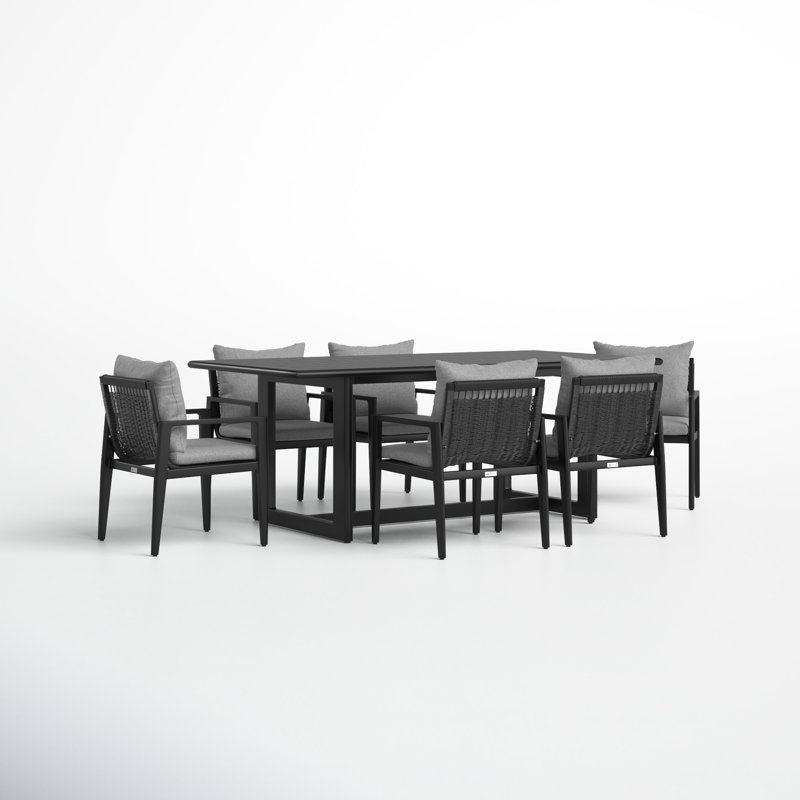 Trosclair 7 Piece Outdoor Patio Dining Table Set in Aluminum with Grey Cushions, 6