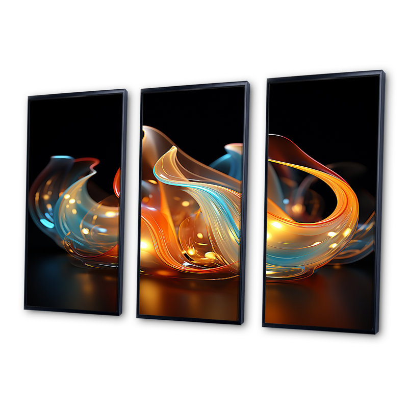 Feu, eau, vagues, bleu et orange - ensemble d'art abstrait mural, Cadre flottant noir, H 32 po x l 48 po x P 1 po