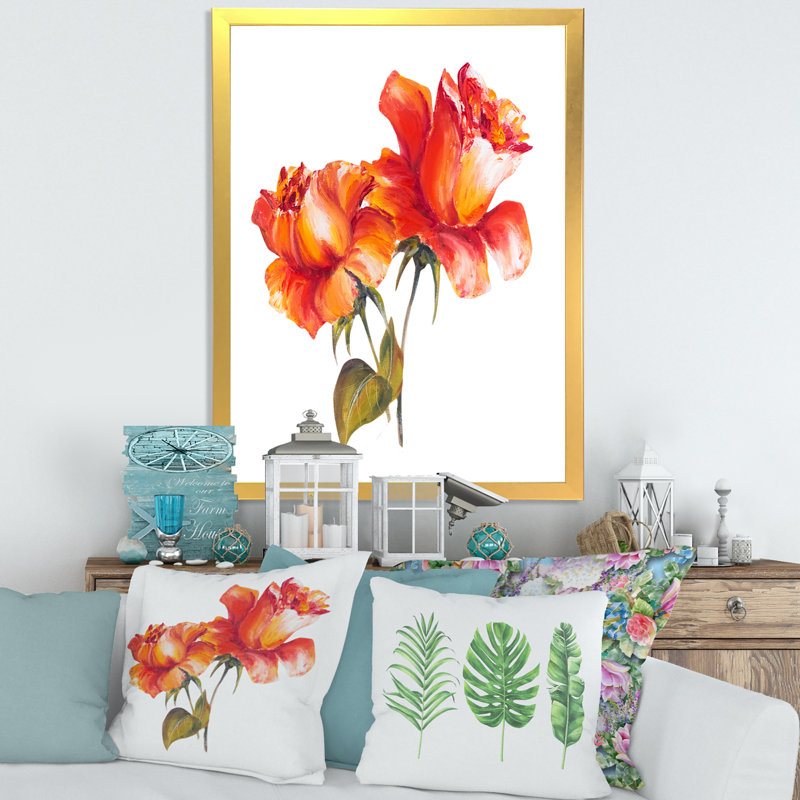 Deux fleurs rouges - Peinture sur toile, H 32 po x l 16 po x P 1 po, Cadre doré