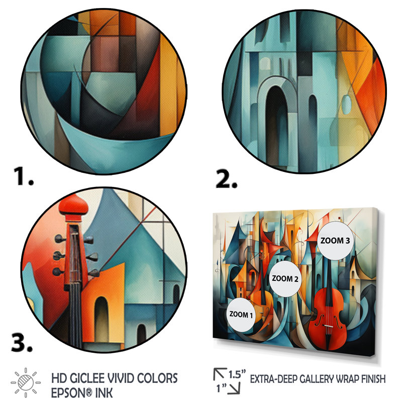 " Cubism Music Forms III ", Gold Floater Framed, 16" H x 32" W x 1" D
