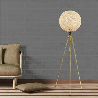 Elegant Floor Lamp with Metal Body and Jute Cap, 13.8 x 13.8 inches | Total Height: 54.3 inches | E27 Socket, Max 60W | On/Off Switch on Cable | CE Certified | Stylish Gold Finish for Modern Decor