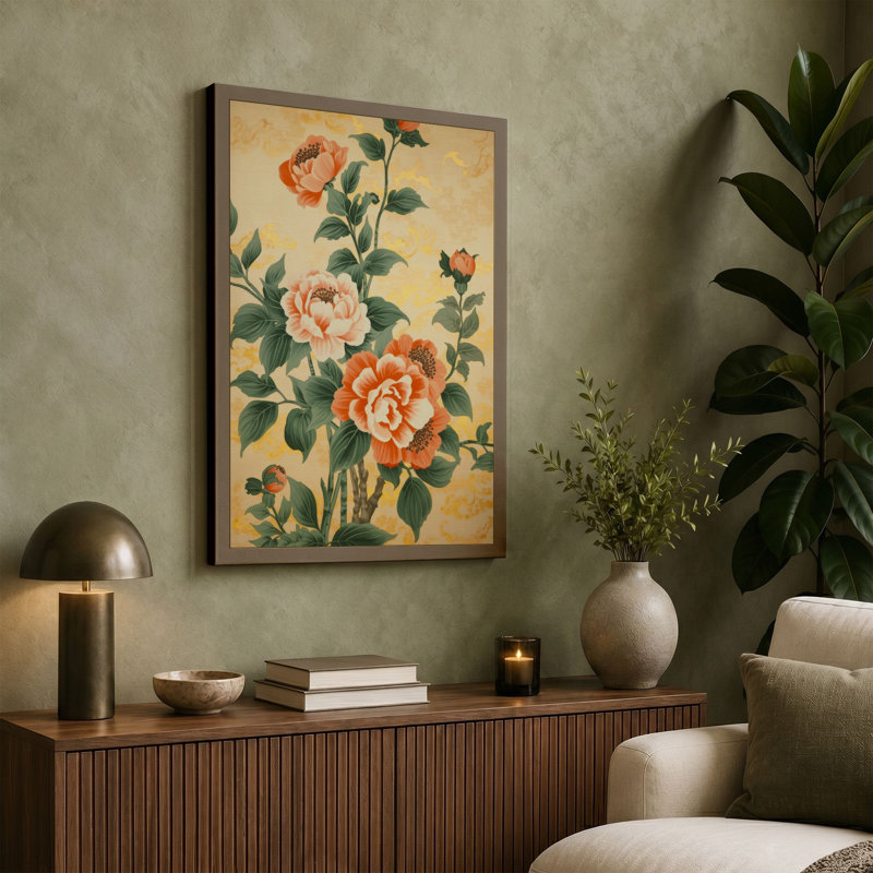 Three Roses Botanical - Wrapped Canvas, 18x12 - 45.7 x 30.5 cm, Teal Border