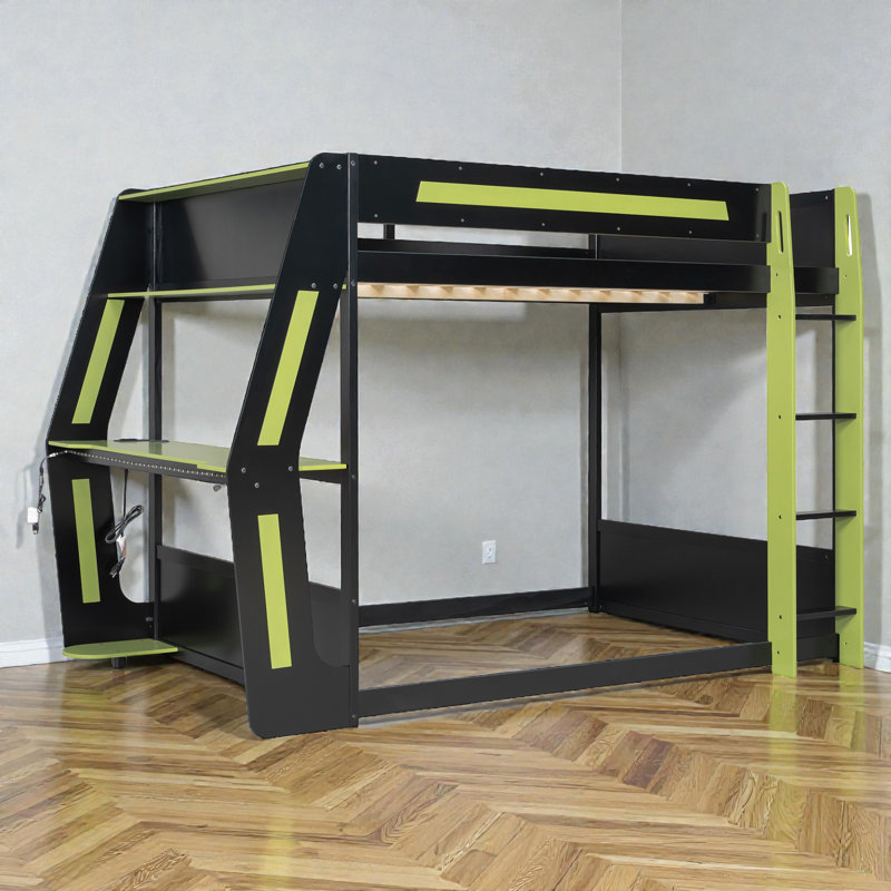 Full Size Gaming Bunk Bed, Side-Mounted RGB Desk with USB Ports, Floor Bunk Design, Esports-Inspired, Teen Bedroom, Green