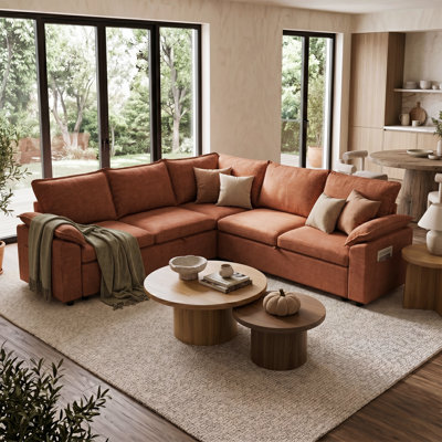 Comerford Sectional Sleeper Sofa With Pull Out Bed, L-Shaped 5-Seater Modular Sectional Sofa With Storage, Cloud Couch With Deep Seat, Chenille, Orange