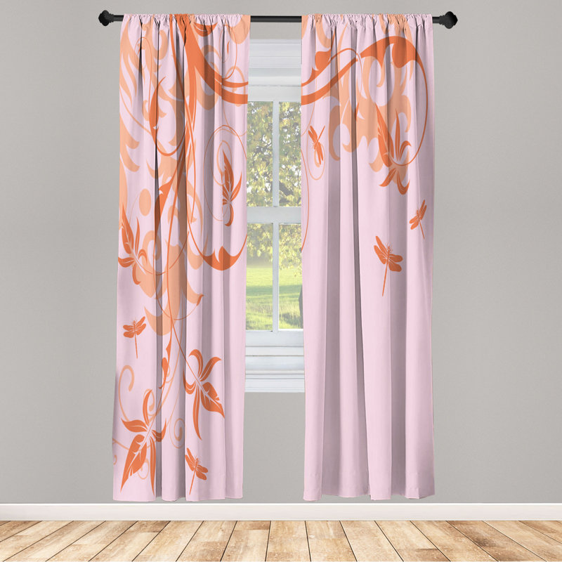 Microfiber Floral Semi-Sheer Rod Pocket Curtain Panels, 28" W x 63" L, Orange/Pink