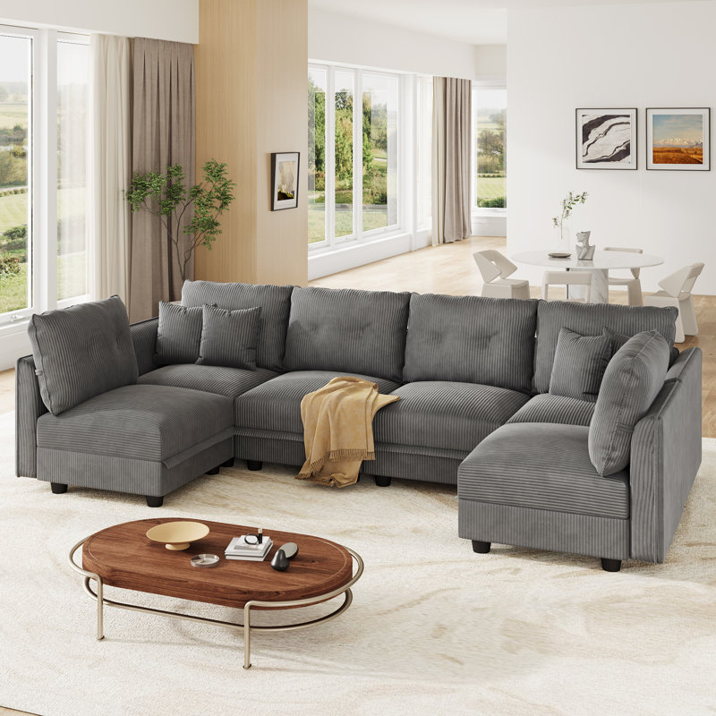 Canapé modulaire convertible 6 places en velours côtelé avec rangement, 4 coussins de dossier et 6 coussins décoratifs