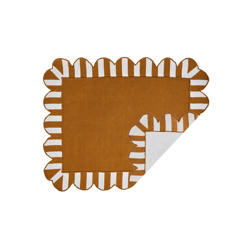 Embroidered Linen Scalloped Stripe Double-Sided Placemats, Orange