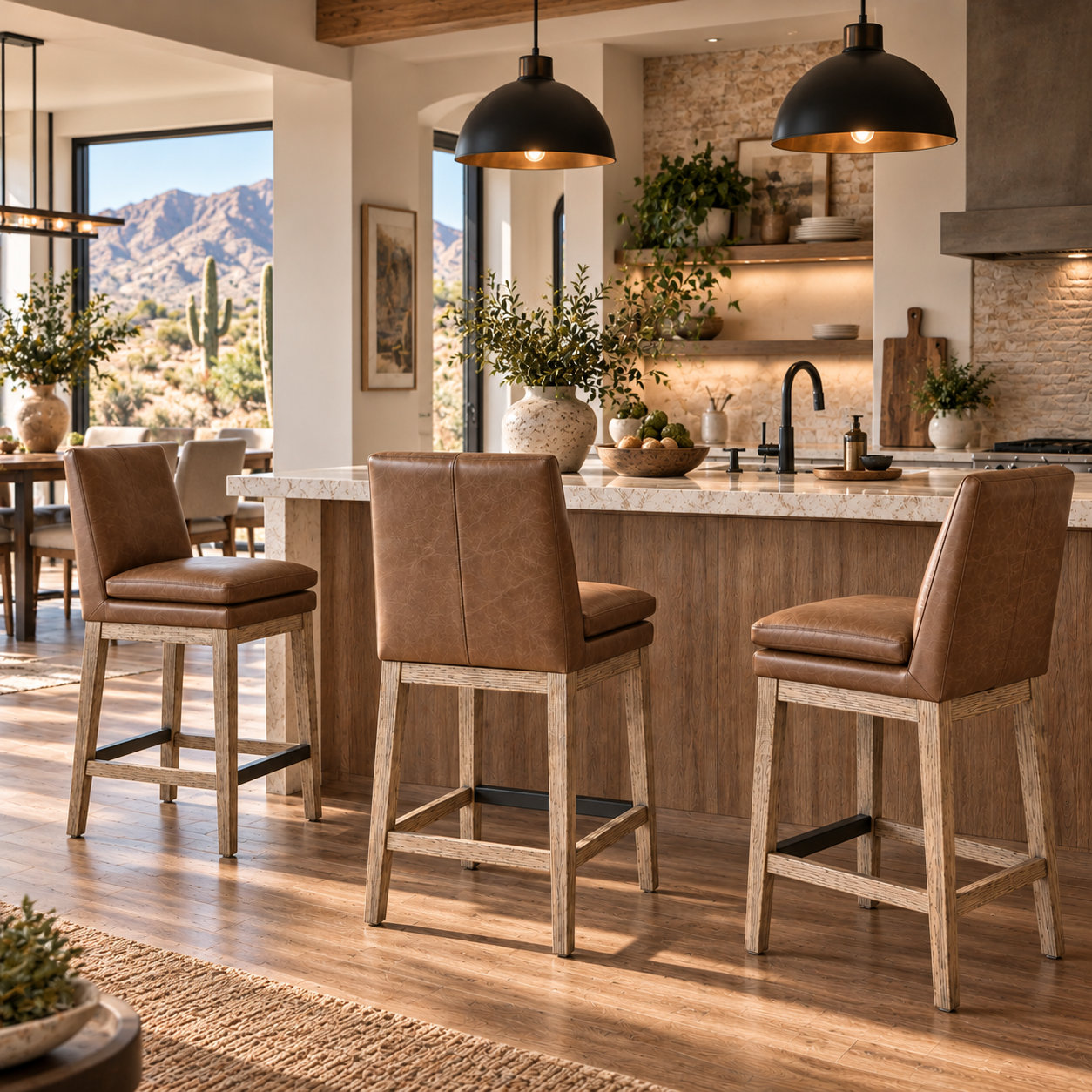 Bethea Genuine Leather Counter Stools, Marseille Saddle, 3