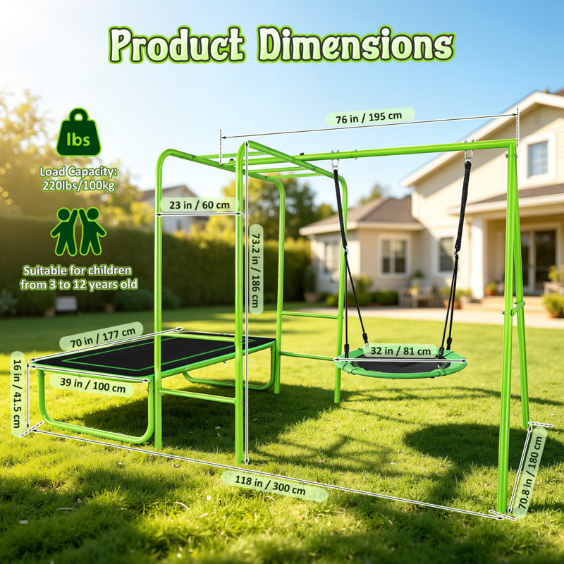 Balançoire 3 en 1 avec trampoline pour enfants, idéale pour les fêtes de jardin et les jeux quotidiens en extérieur. Charge maximale : 100 kg.